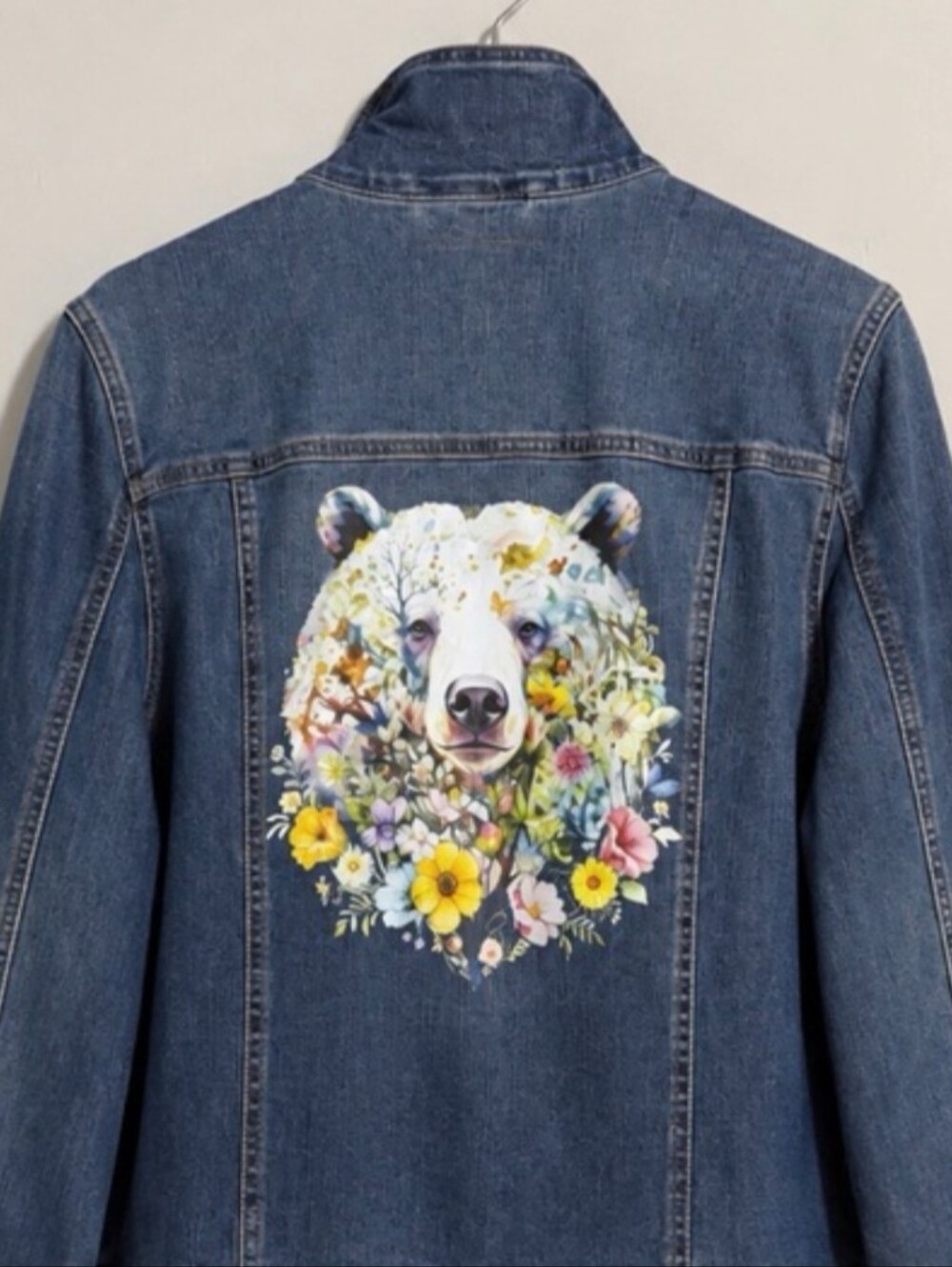 Artistically Re-Imagined | Large | Floral Bear | Denim Jacket